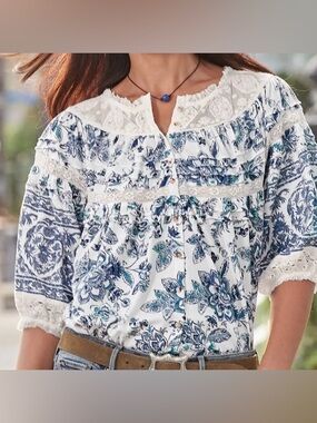 Sundance Antinea Lace Trim Bohemian Puff Sleeve top